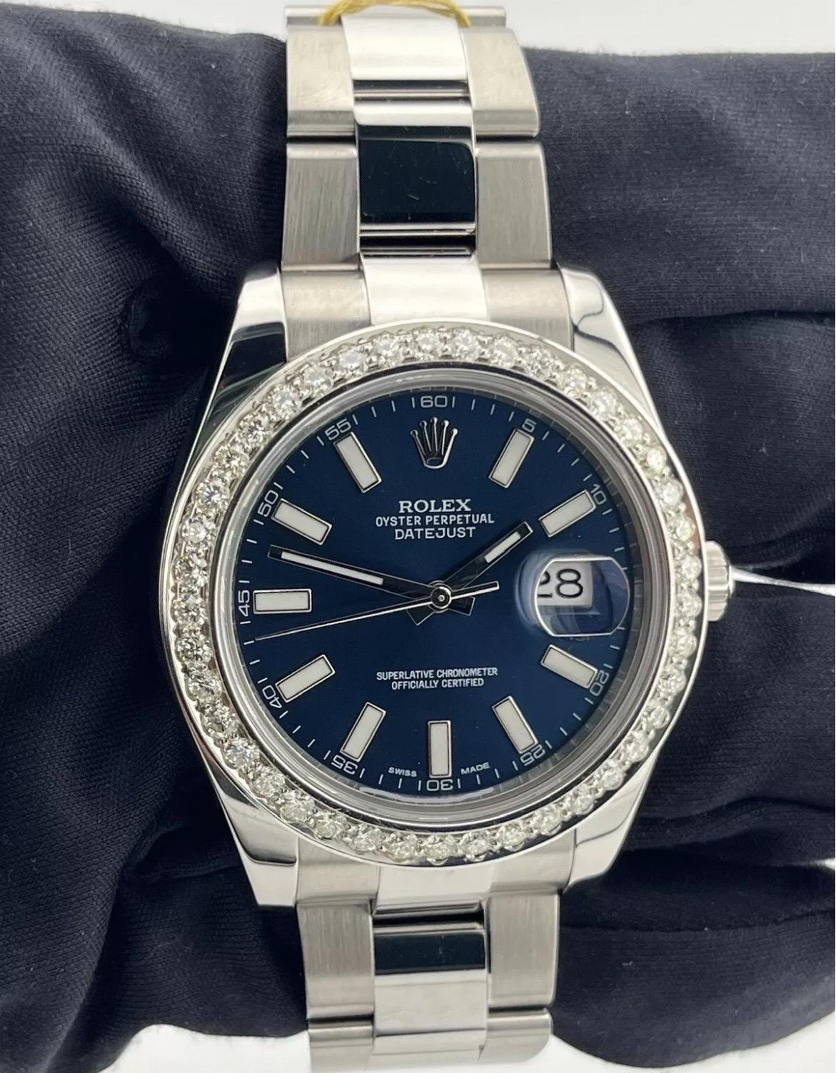 Rolex Datejust II 41MM Factory Blue Dial Watch w/ 2.50ct Diamond Bezel 116300 1