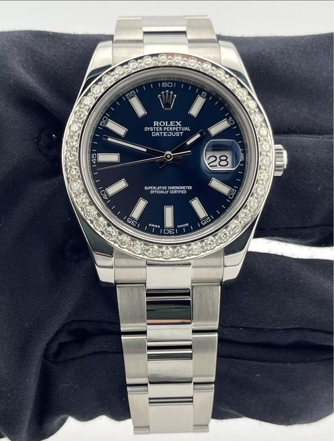 Rolex Datejust II 41MM Factory Blue Dial Watch w/ 2.50ct Diamond Bezel 116300 2