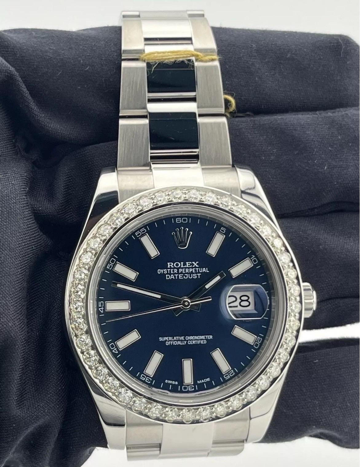 Rolex Datejust II 41MM Factory Blue Dial Watch w/ 2.50ct Diamond Bezel 116300 3