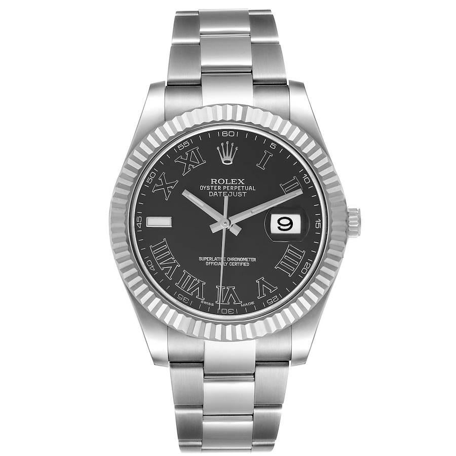 Rolex Datejust II 41mm Grey Dial Steel White Gold Mens Watch 116334. Officially certified chronometer self-winding movement. Stainless steel case 41.0 mm in diameter. High polished lugs. Rolex logo on a crown. 18K white gold fluted bezel. Scratch