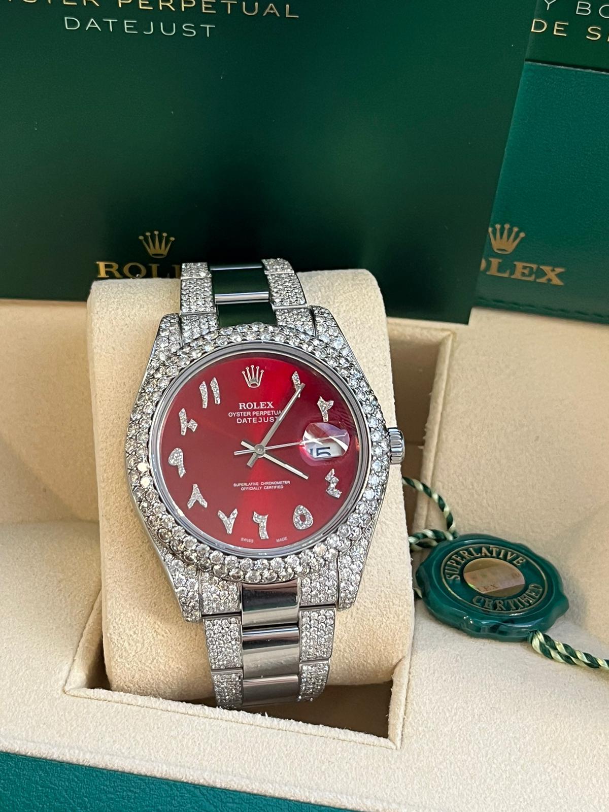 Modernist Rolex Datejust II 41mm Red Arabic Diamond Dial 2.5ctw Diamond Bezel Watch 116334 For Sale