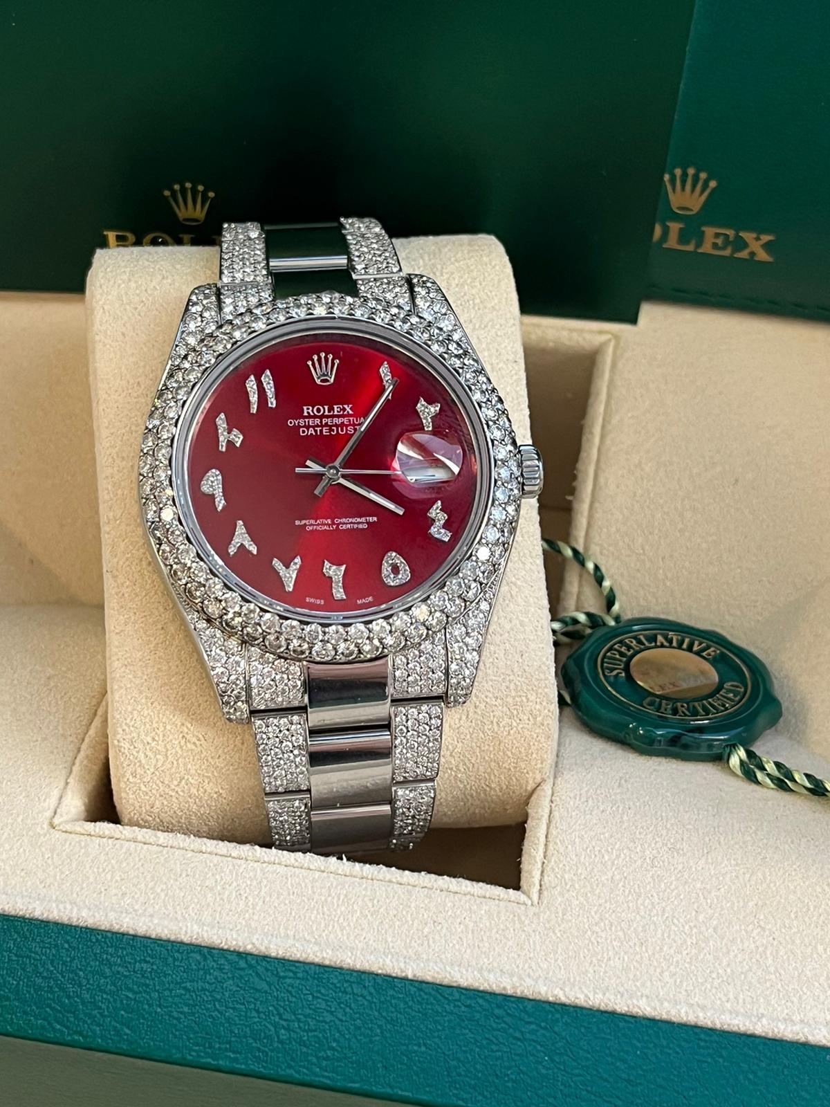 Round Cut Rolex Datejust II 41mm Red Arabic Diamond Dial 2.5ctw Diamond Bezel Watch 116334 For Sale