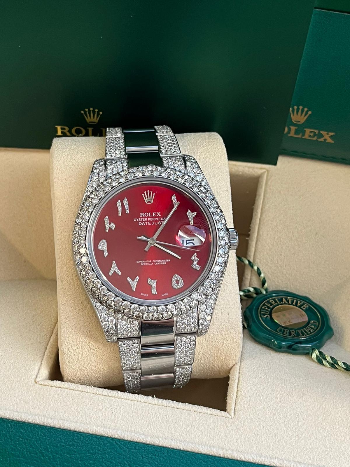 Rolex Datejust II 41mm Red Arabic Diamond Dial 2.5ctw Diamond Bezel Watch 116334 In Good Condition For Sale In Aventura, FL