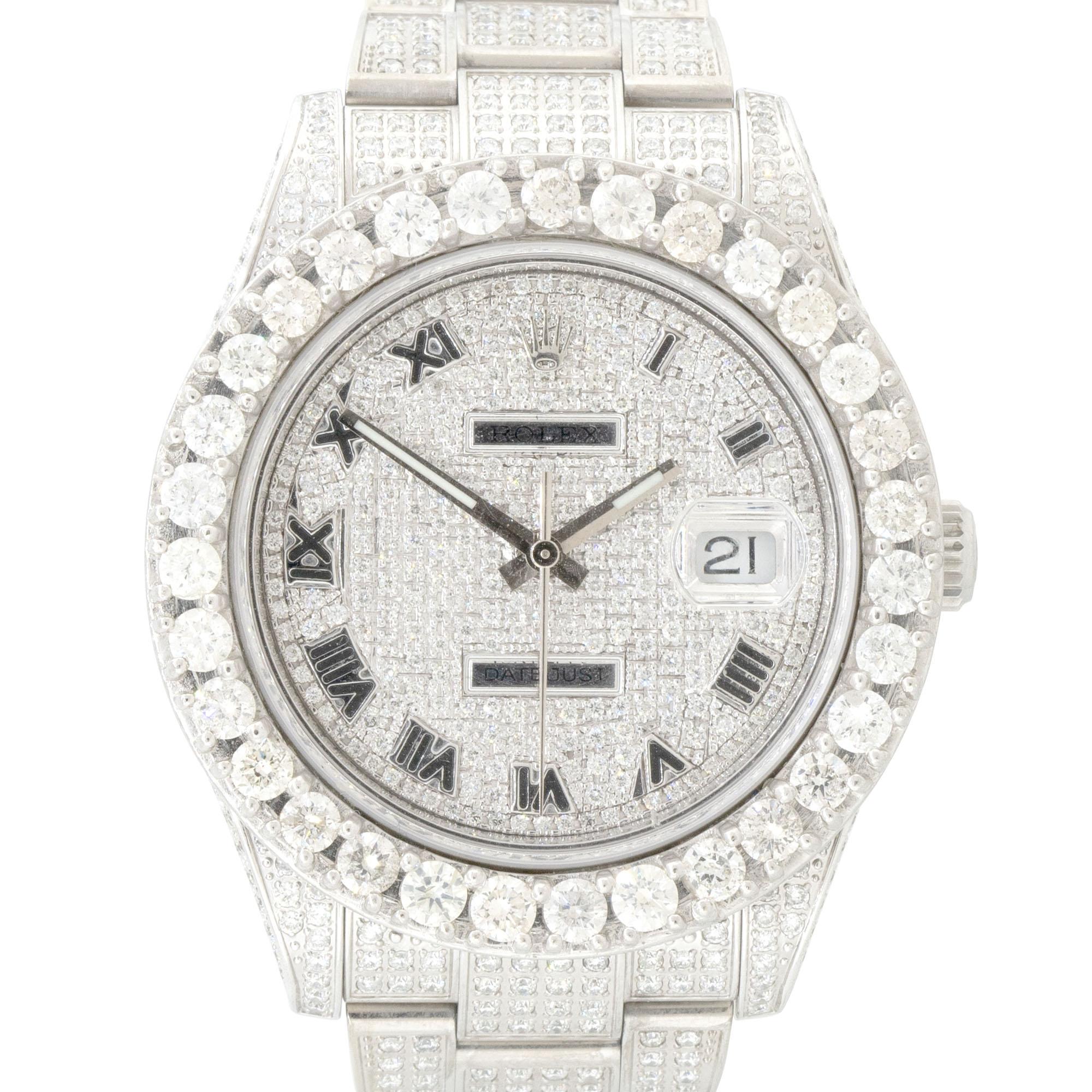 Brand: Rolex
Case Material: All Diamond stainless steel (Aftermarket)
Case Diameter: 41mm
Crystal: Sapphire Crystal
Bezel: All Diamond stainless steel bezel (Aftermarket)
Dial: All Diamond dial with silver hands and black roman numerals. Date can be
