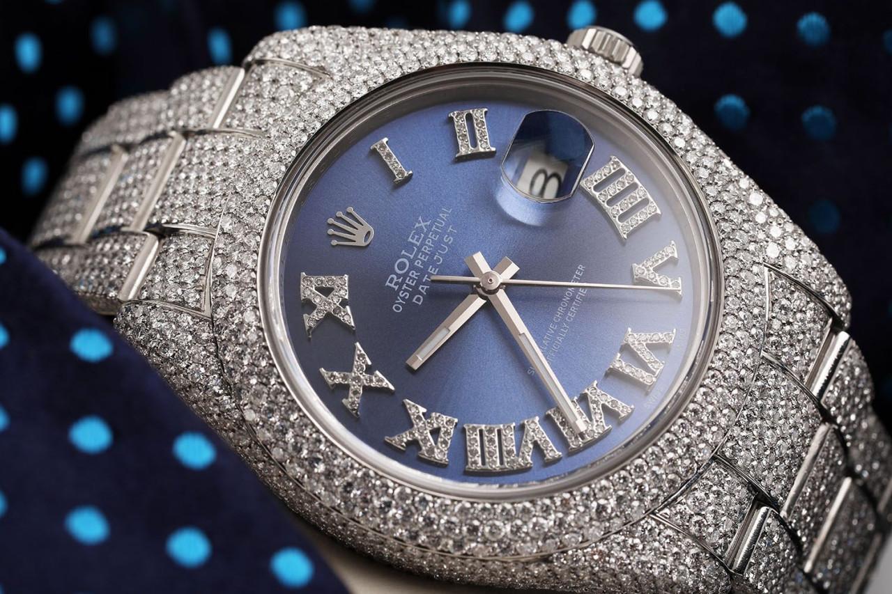 Rolex Mens Datejust II 41mm acier inoxydable cadran bleu romain diamant montre entièrement glacée 116300 