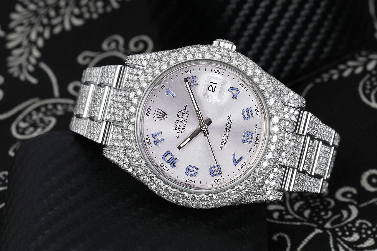 Rolex Datejust II 41mm Stainless Steel Fully Iced Out Men's Watch with Silver Racing Dial 116300

The Rolex Datejust II 41 MM includes a 31 jewel movement, Rolex Quickset, automatic winding technology, and sapphire crystal. And with its waterproof