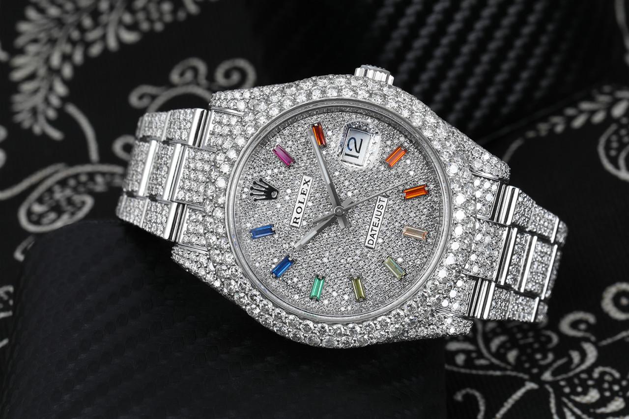 Rolex Datejust II 41mm Stainless Steel Fully Iced Out Watch with Rainbow Index Pave Diamond Dial 116300

The Rolex Datejust II 41 MM includes a 31 jewel movement, Rolex Quickset, automatic winding technology, and sapphire crystal. And with its