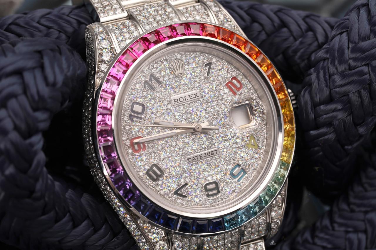 Rolex Datejust II Edelstahl-Uhr Fully Iced Out mit Regenbogen-Lünette aus Edelstahl (Rundschliff)