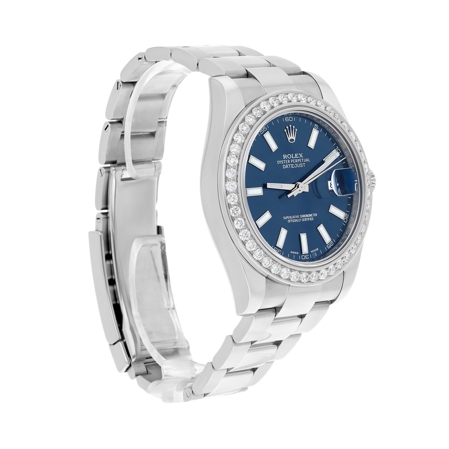 Modern Rolex Datejust II 41mm Steel Blue Index Dial Diamond Bezel Watch Oyster 116334 For Sale