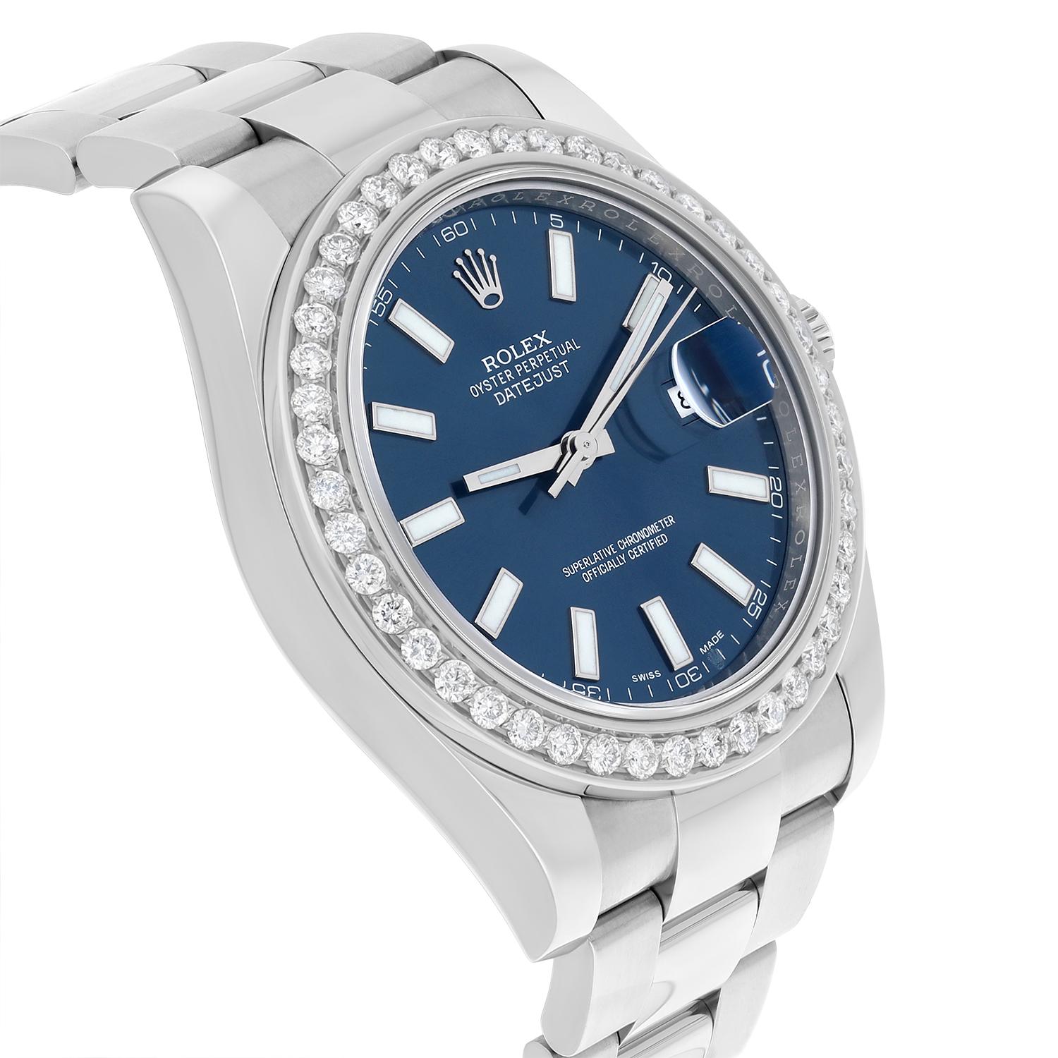 Rolex Datejust II 41mm Steel Blue Index Dial Diamond Bezel Watch Oyster 116334 In Excellent Condition For Sale In New York, NY
