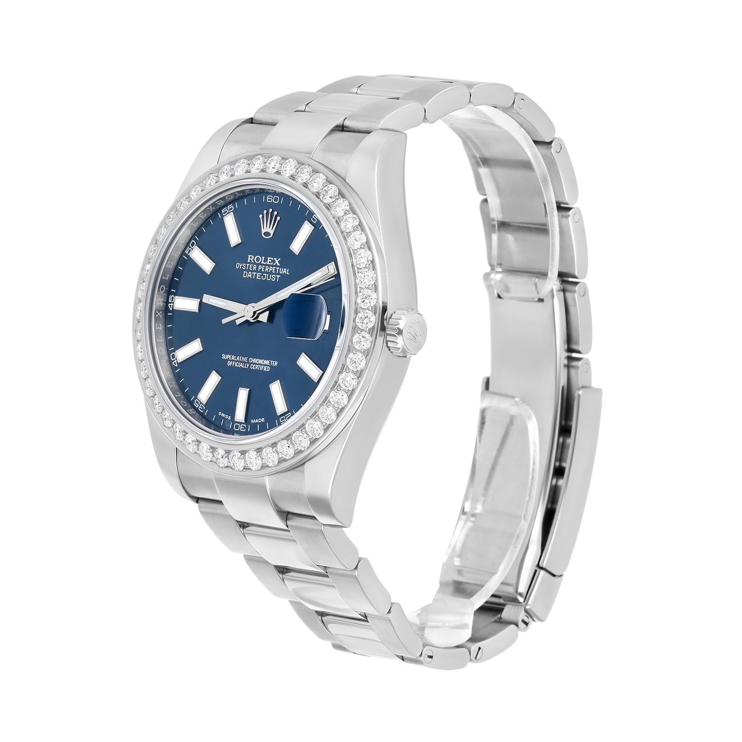 Men's Rolex Datejust II 41mm Steel Blue Index Dial Diamond Bezel Watch Oyster 116334 For Sale