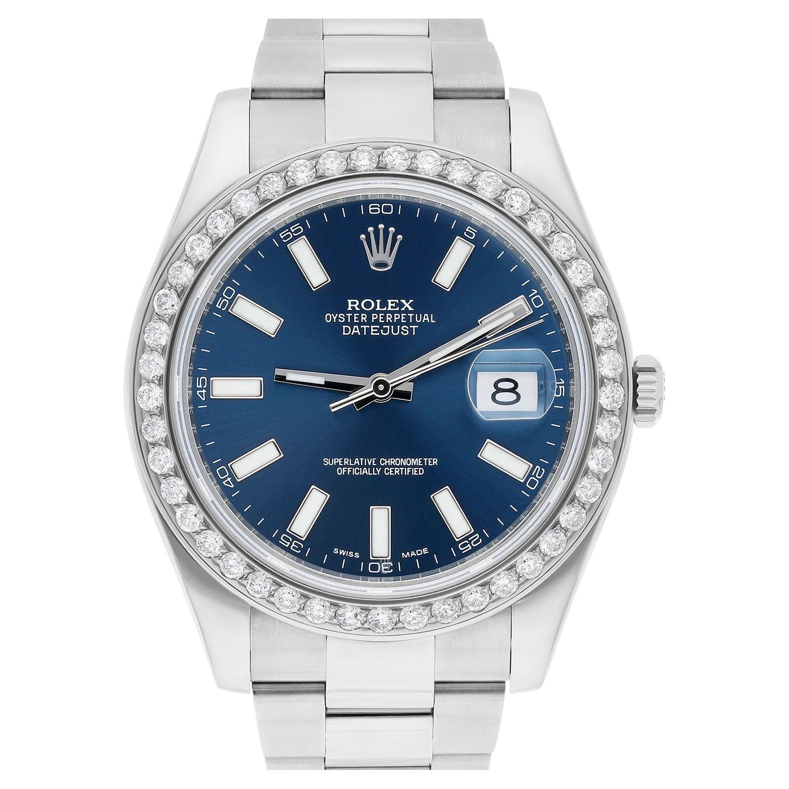 Rolex Datejust II 41mm Steel Blue Index Dial Diamond Bezel Watch Oyster 116334