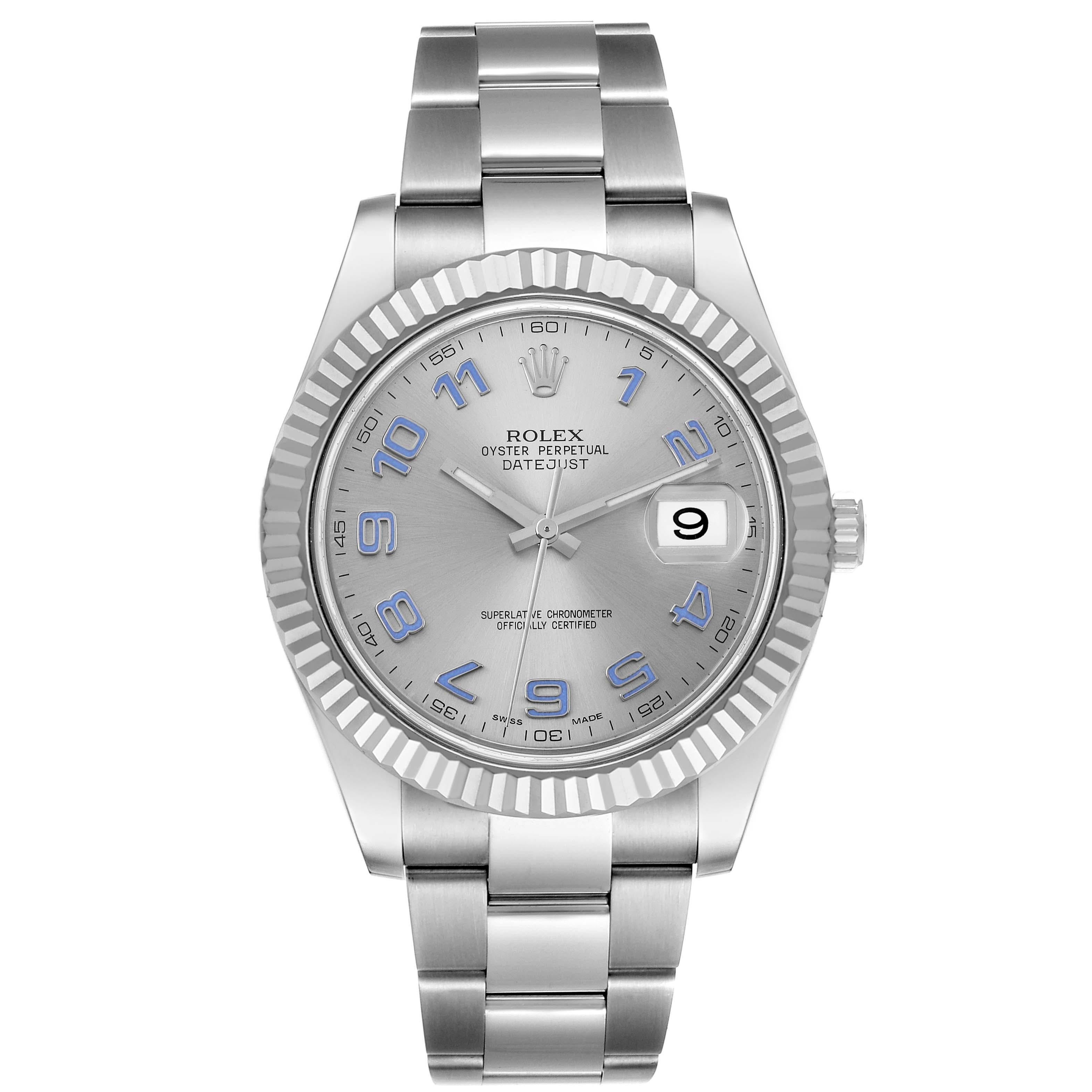 Rolex Datejust II 41mm Steel White Gold Blue Numerals Mens Watch 116334. Officially certified chronometer self-winding movement. Stainless steel case 41.0 mm in diameter. Rolex logo on a crown. 18K white gold fluted bezel. Scratch resistant sapphire