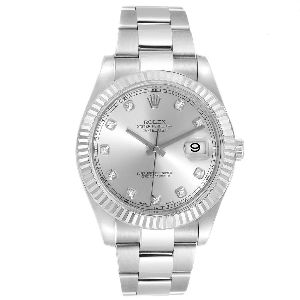 Rolex Datejust II 41mm Steel White Gold Diamond Dial Mens Watch 116334. Officially certified chronometer self-winding movement. Stainless steel case 41.0 mm in diameter. High polished lugs. Rolex logo on a crown. 18K white gold fluted bezel. Scratch