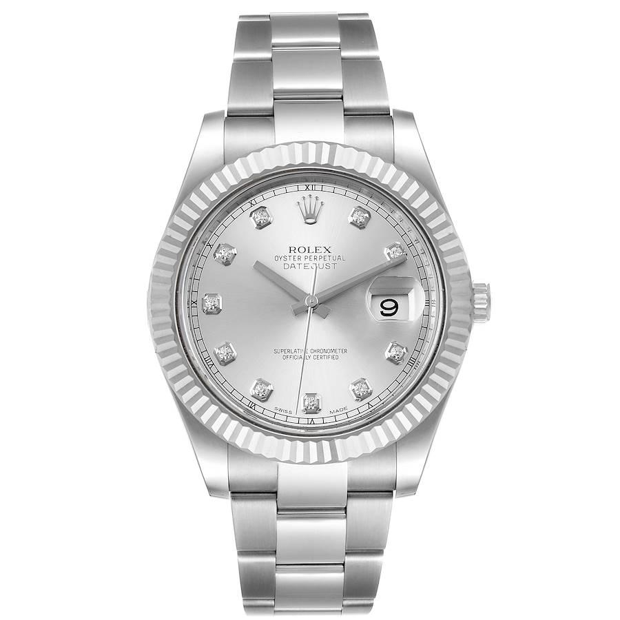 Rolex Datejust II 41mm Steel White Gold Diamond Mens Watch 116334 Box Card. Officially certified chronometer self-winding movement. Stainless steel case 41.0 mm in diameter. Rolex logo on a crown. 18K white gold fluted bezel. Scratch resistant