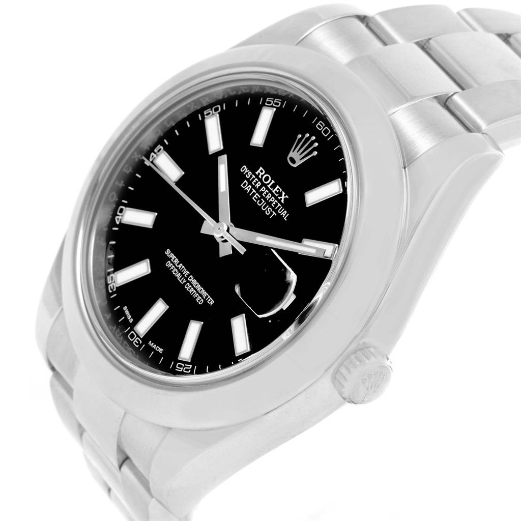 Rolex Datejust II Black Dial Stainless Steel Mens Watch 116300 Box Card. Officially certified chronometer automatic self-winding movement. Stainless steel case 41 mm in diameter. High polished lugs. Rolex logo on a crown. Stainless steel smooth