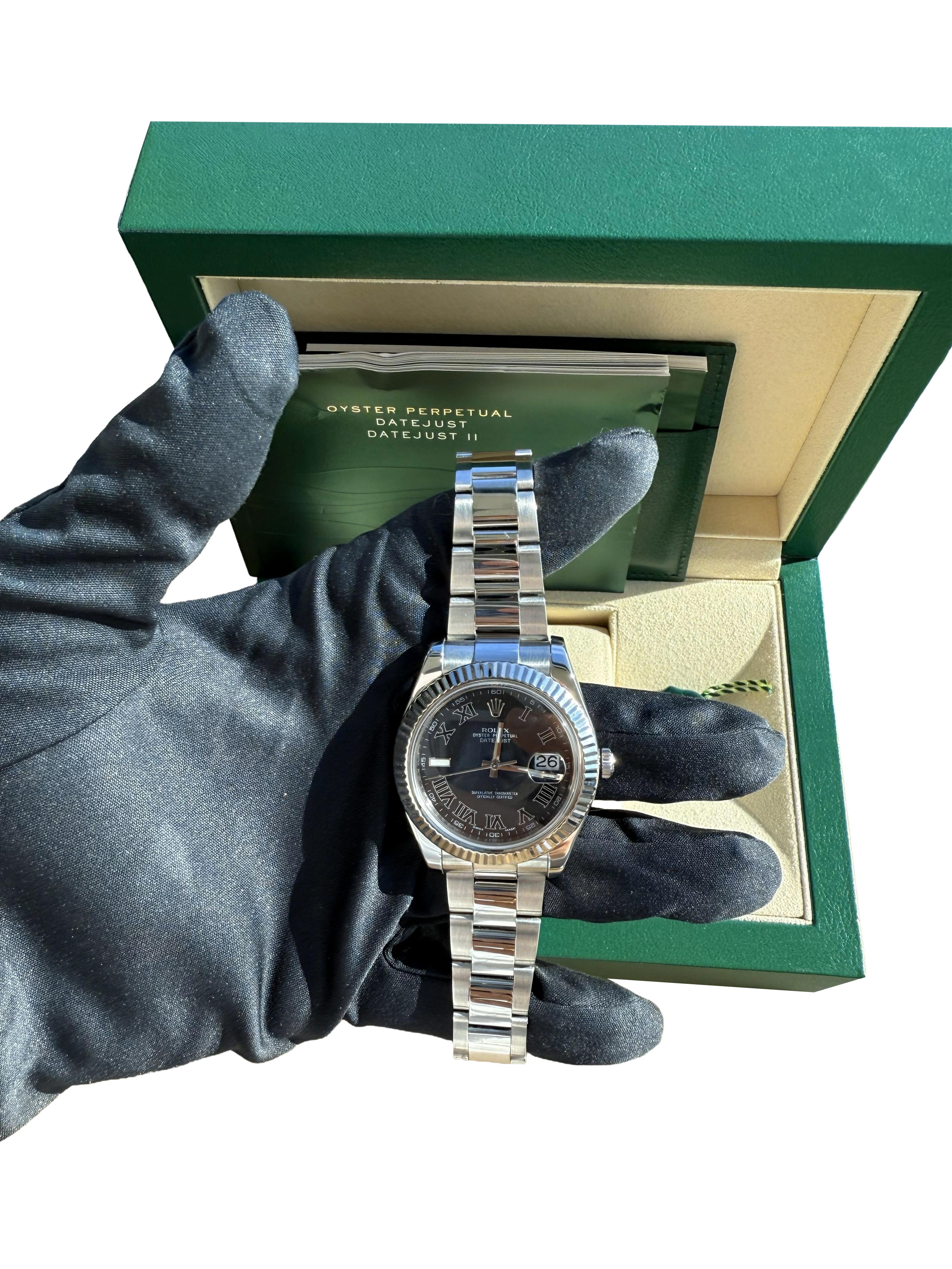 Reloj Rolex Datejust II Esfera romana negra Bisel estriado Acero Oro blanco 116334 en venta 13