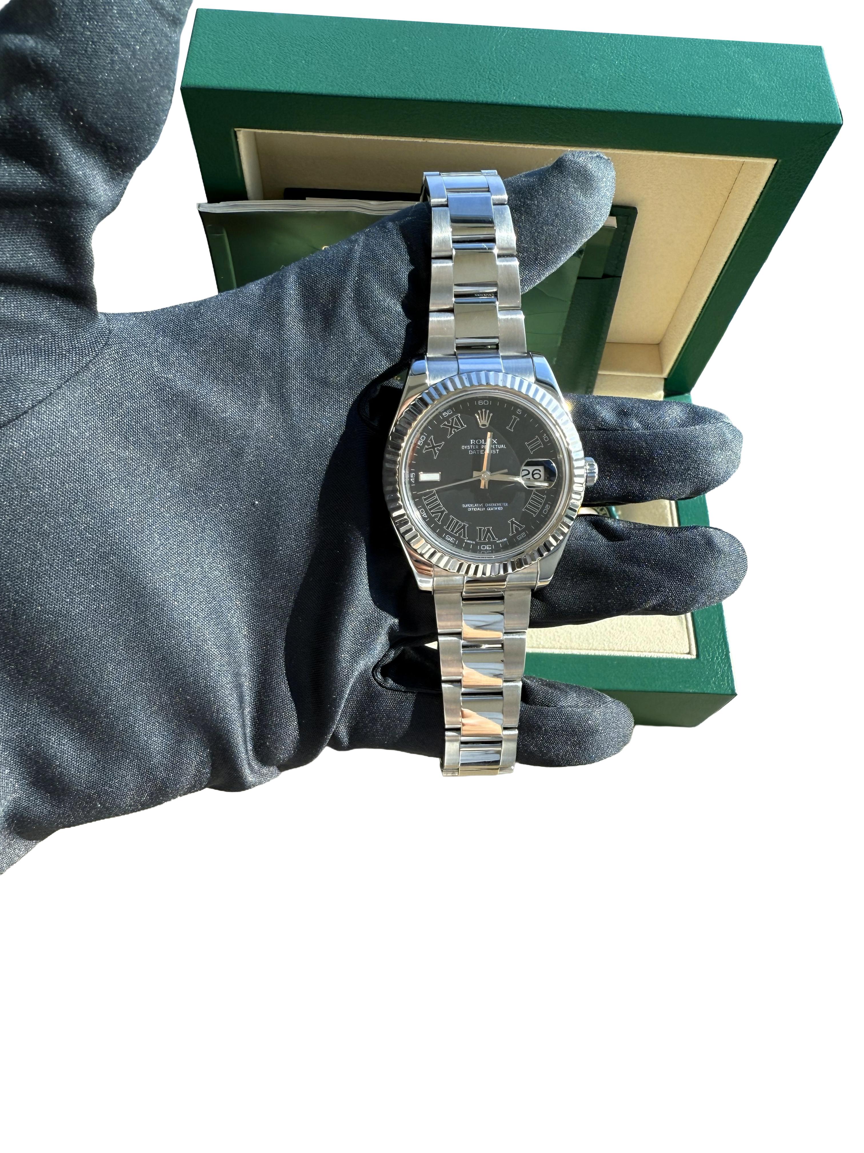 Reloj Rolex Datejust II Esfera romana negra Bisel estriado Acero Oro blanco 116334 en venta 14