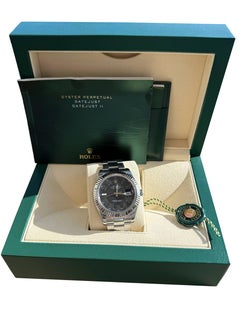 Rolex Datejust II Black Roman Dial Fluted Bezel Steel White Gold Watch 116334