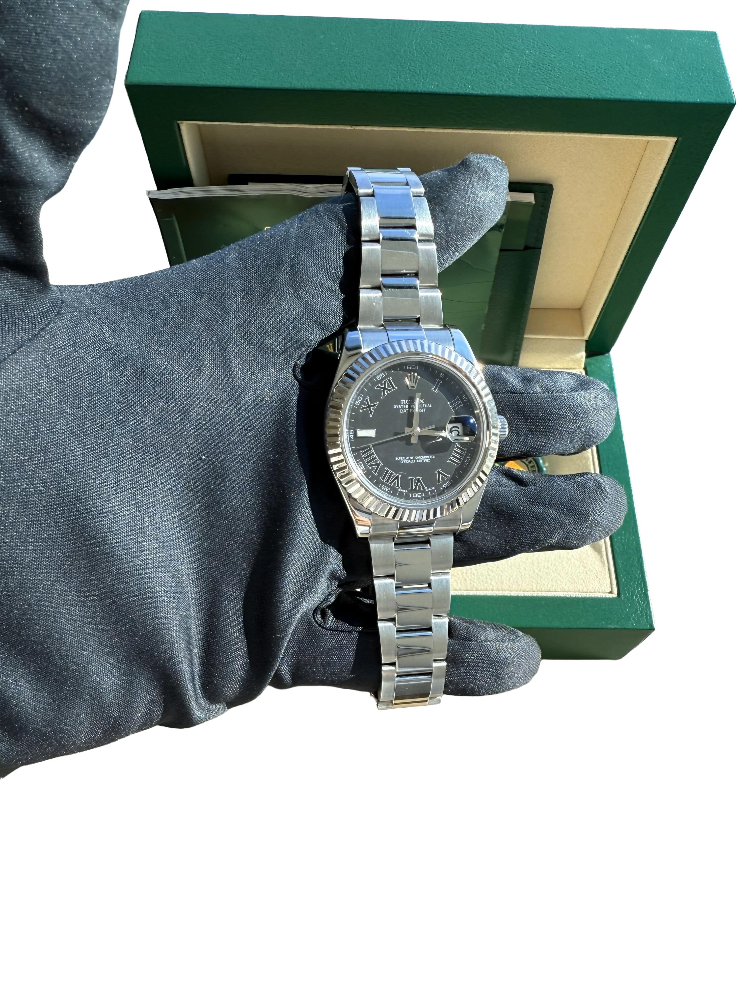 Reloj Rolex Datejust II Esfera romana negra Bisel estriado Acero Oro blanco 116334 en venta 15