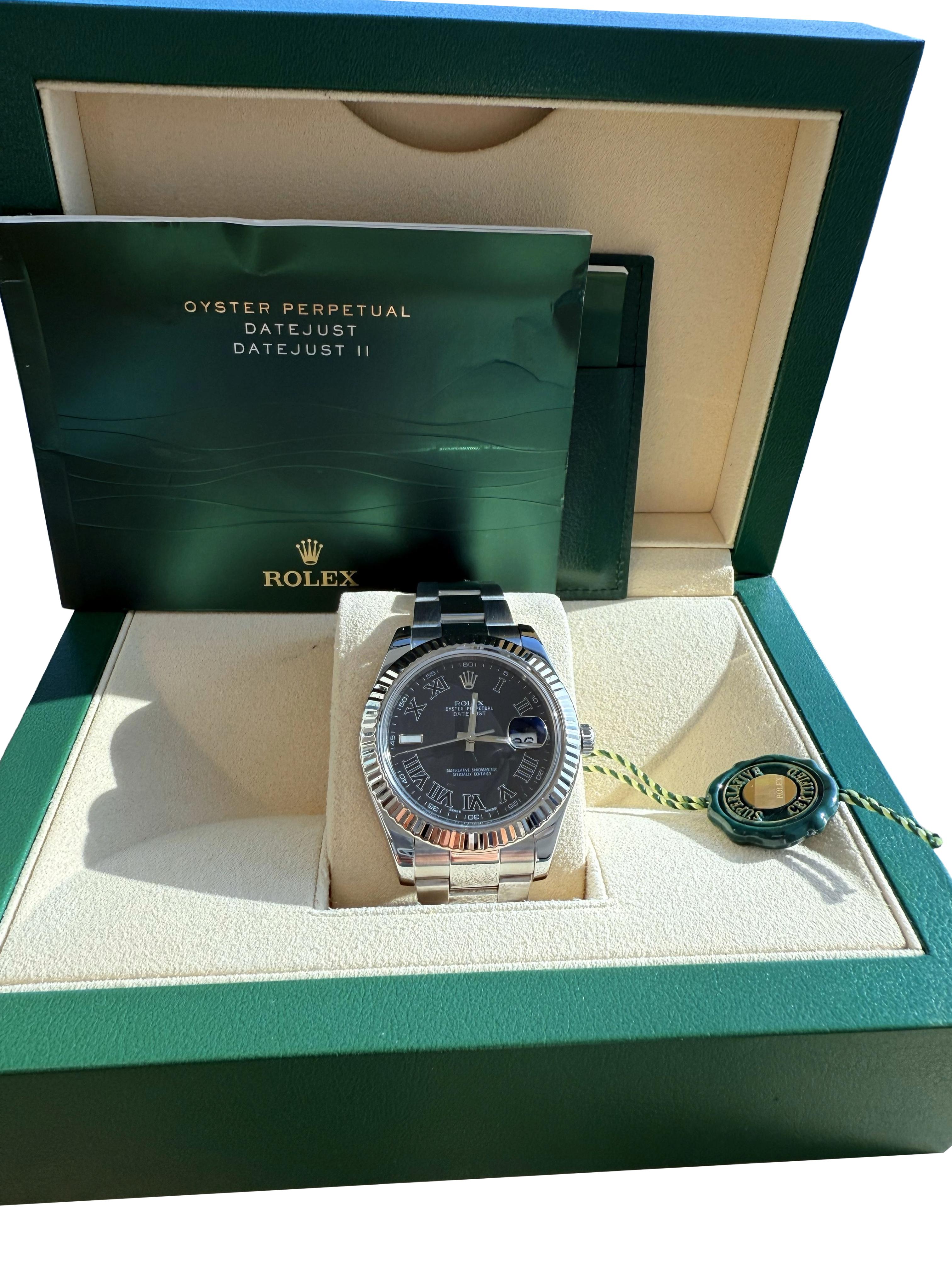 Reloj Rolex Datejust II Esfera romana negra Bisel estriado Acero Oro blanco 116334 en Bueno estado para la venta en Aventura, FL