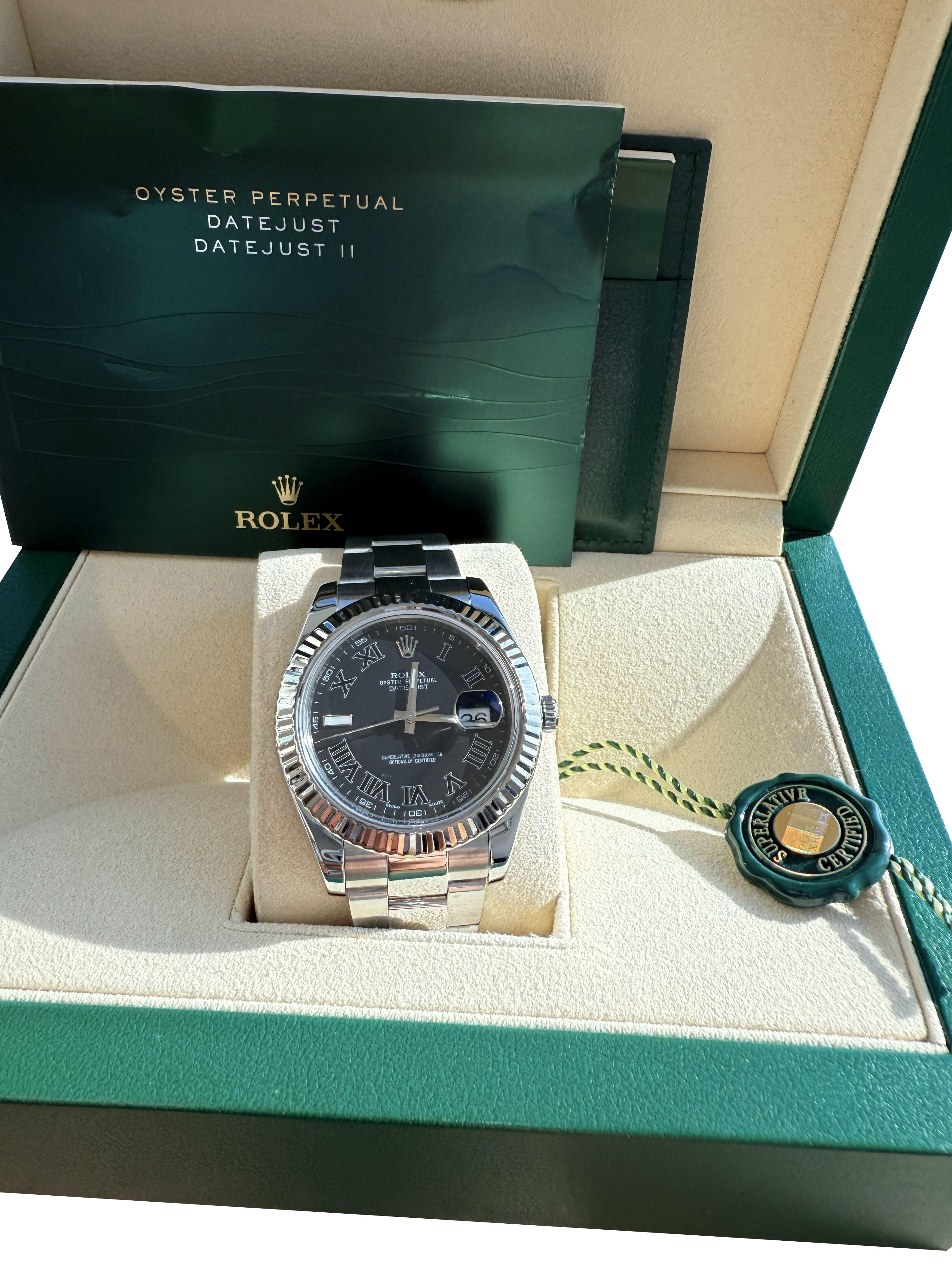 Reloj Rolex Datejust II Esfera romana negra Bisel estriado Acero Oro blanco 116334 en venta 1