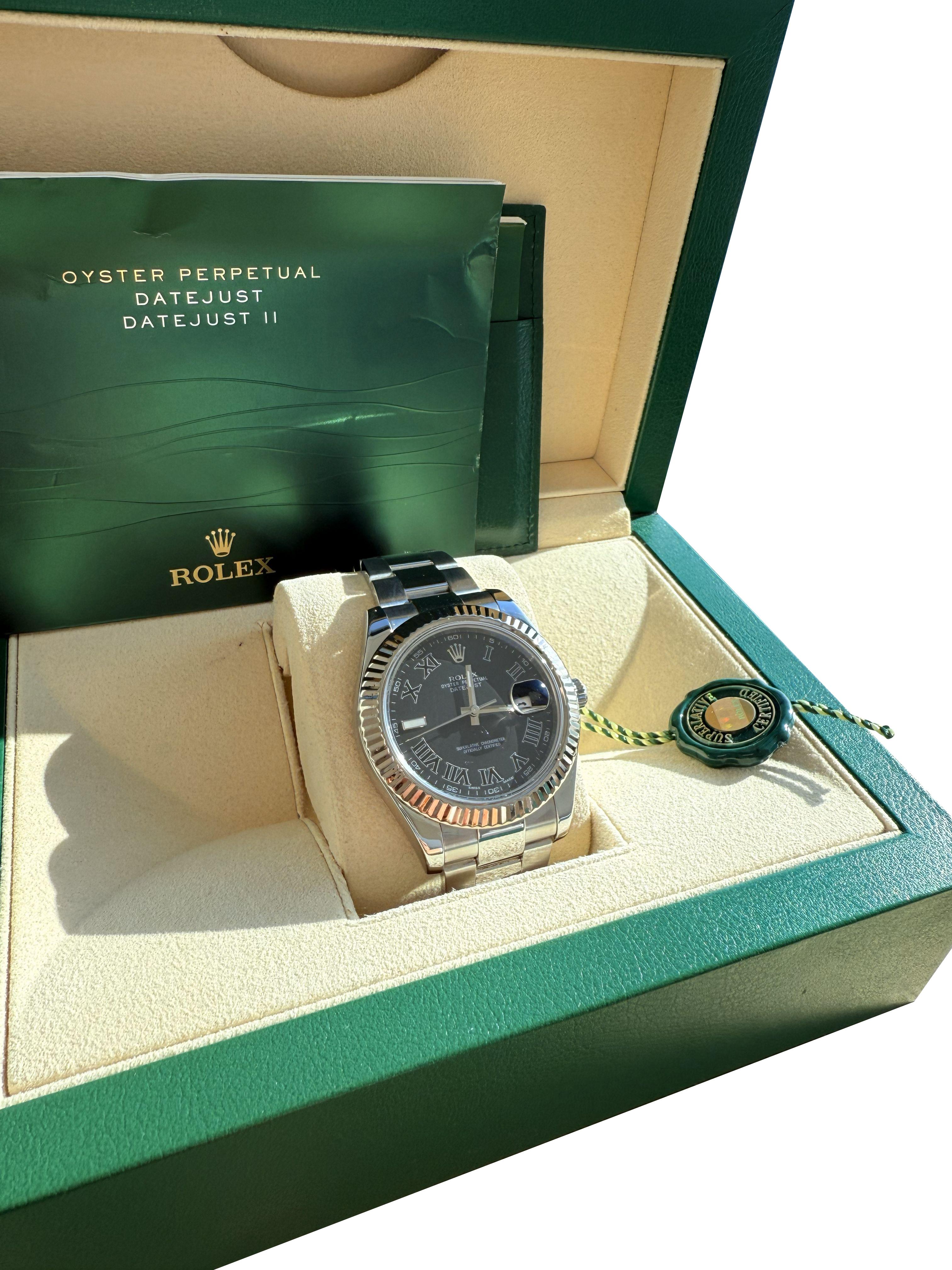 Reloj Rolex Datejust II Esfera romana negra Bisel estriado Acero Oro blanco 116334 en venta 2