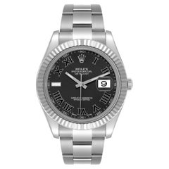 Rolex Datejust II Black Roman Dial Fluted Bezel Steel White Gold Watch 116334