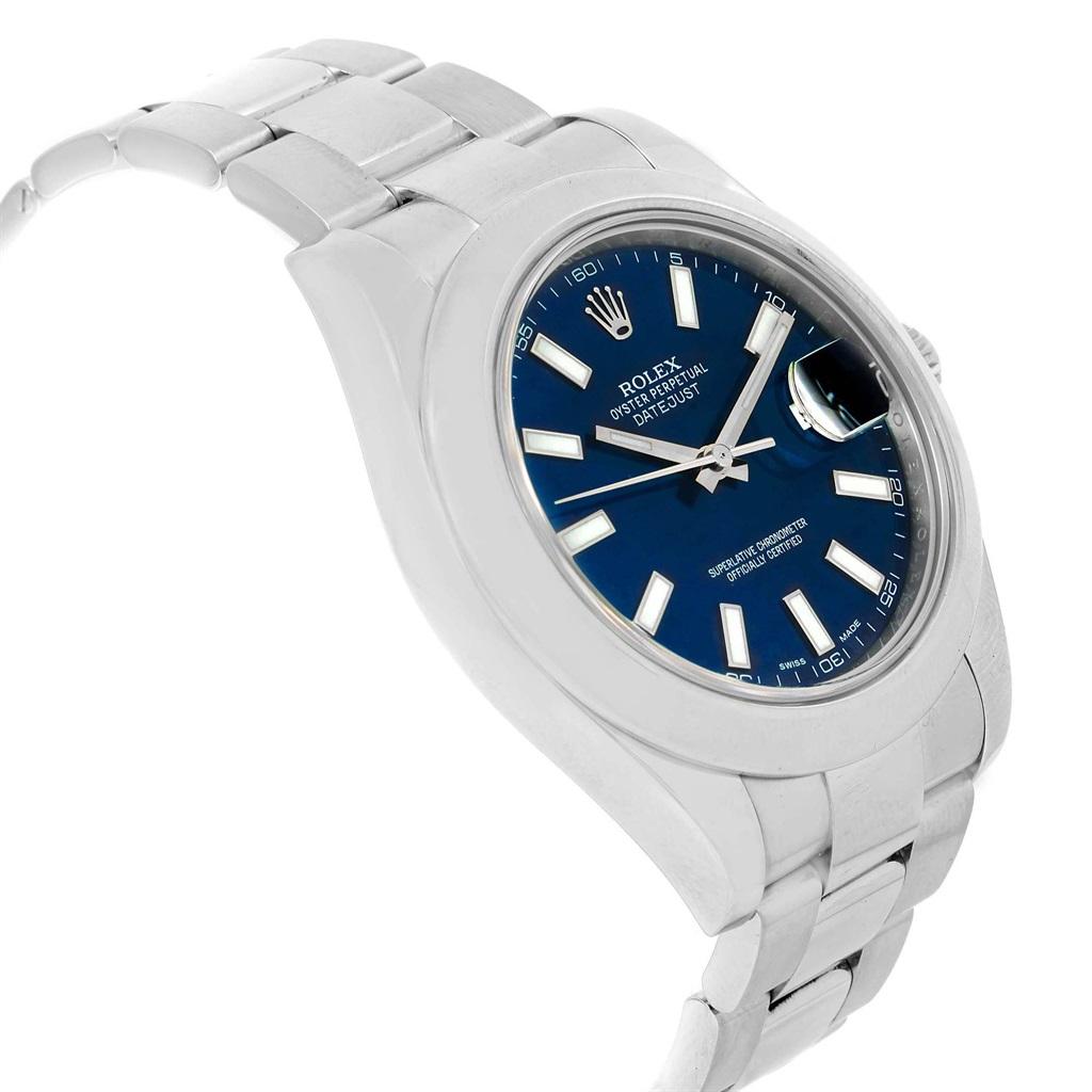 Rolex Datejust II Blue Baton Dial Steel Mens Watch 116300 Box Card. Officially certified chronometer automatic self-winding movement. Stainless steel case 41 mm in diameter. Rolex logo on a crown. Stainless steel smooth bezel. Scratch resistant