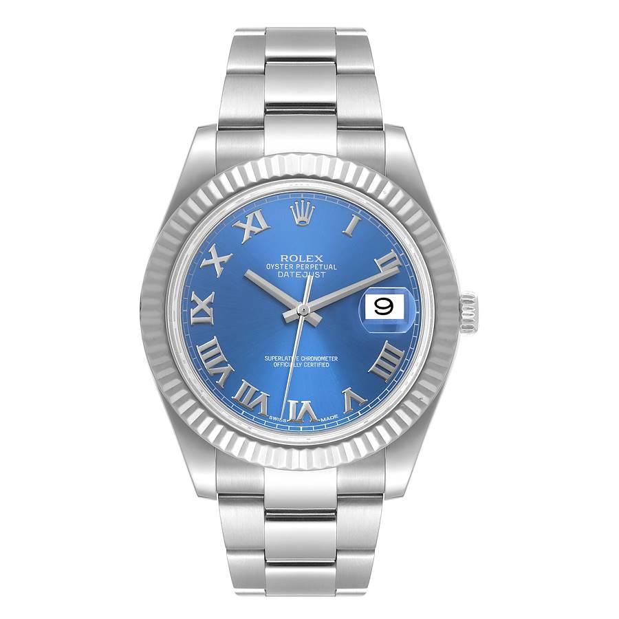 Rolex Datejust II Blau Römisches Zifferblatt Riffelige Lünette Herrenuhr 116334. Offiziell zertifizierter Chronometer mit automatischem Aufzug. Rundes Edelstahlgehäuse mit einem Durchmesser von 41,0 mm. Rolex Logo auf einer Krone. Geriffelte Lünette