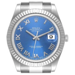Rolex Montre Datejust II bleue à cadran romain et lunette cannelée pour hommes 116334