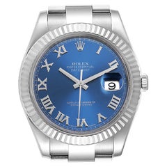 Rolex Datejust II Blue Roman Dial Fluted Bezel Watch 116334 Box Card