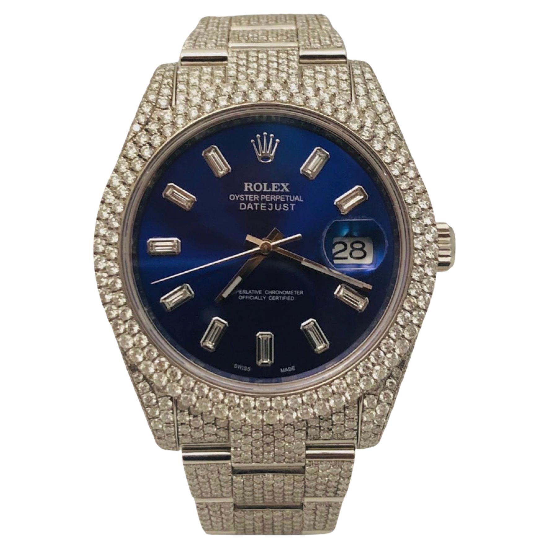 Rolex Datejust II Iced Out Blue Dial & Diamond Baguette Hour Markers Watch