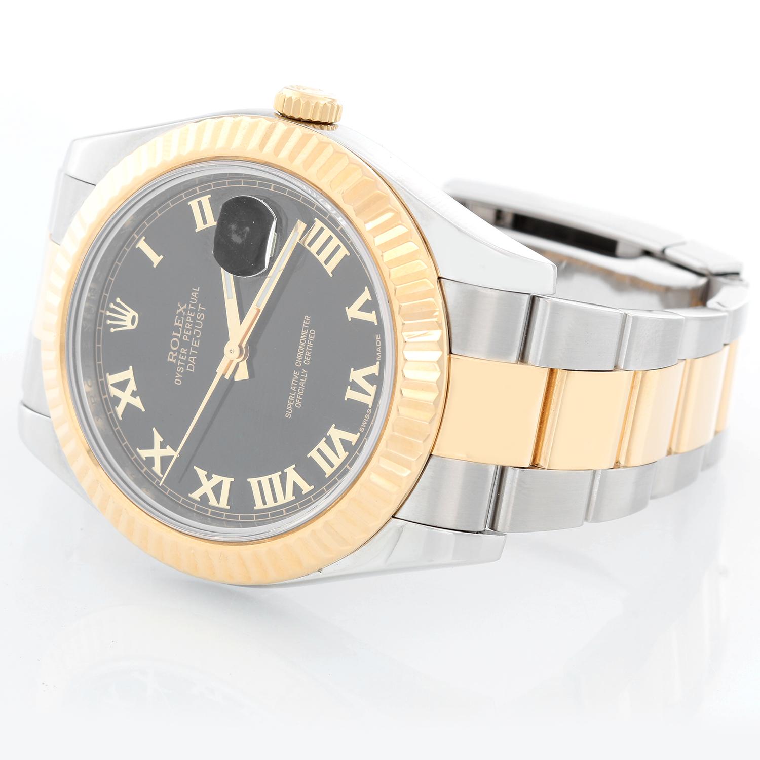 Rolex Datejust II  Men's 2-Tone 41mm Watch 116333 -  Automatic winding, Quickset, sapphire crystal. Stainless steel case with 18k yellow gold fluted bezel  (41mm diameter). Black dial with Roman numerals. Stainless steel and 18k yellow gold Oyster