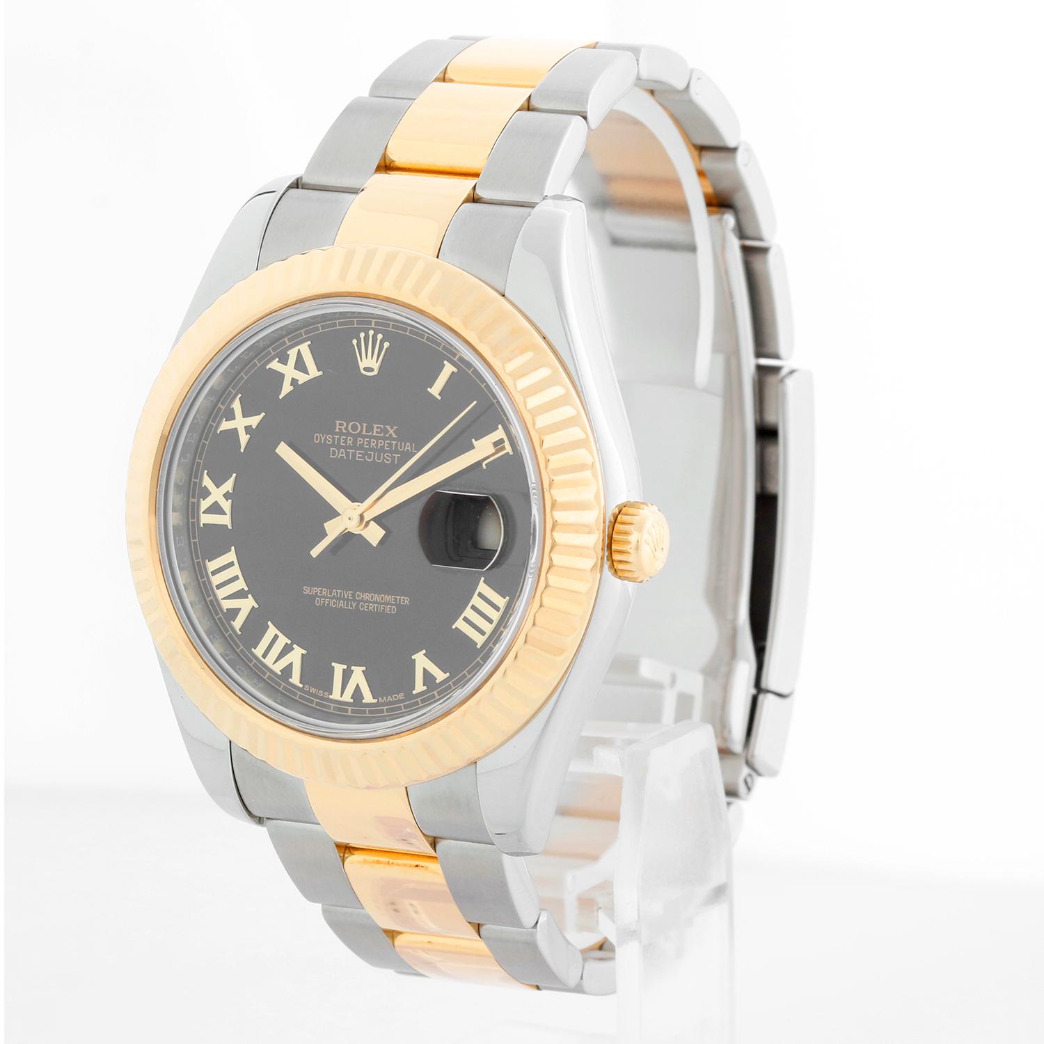 Rolex Datejust II  Men's 2-Tone 41mm Watch 116333 - Automatic winding, Quickset, sapphire crystal. Stainless steel case with 18k yellow gold fluted bezel  (41mm diameter). Black dial with Roman numerals. Stainless steel and 18k yellow gold Oyster