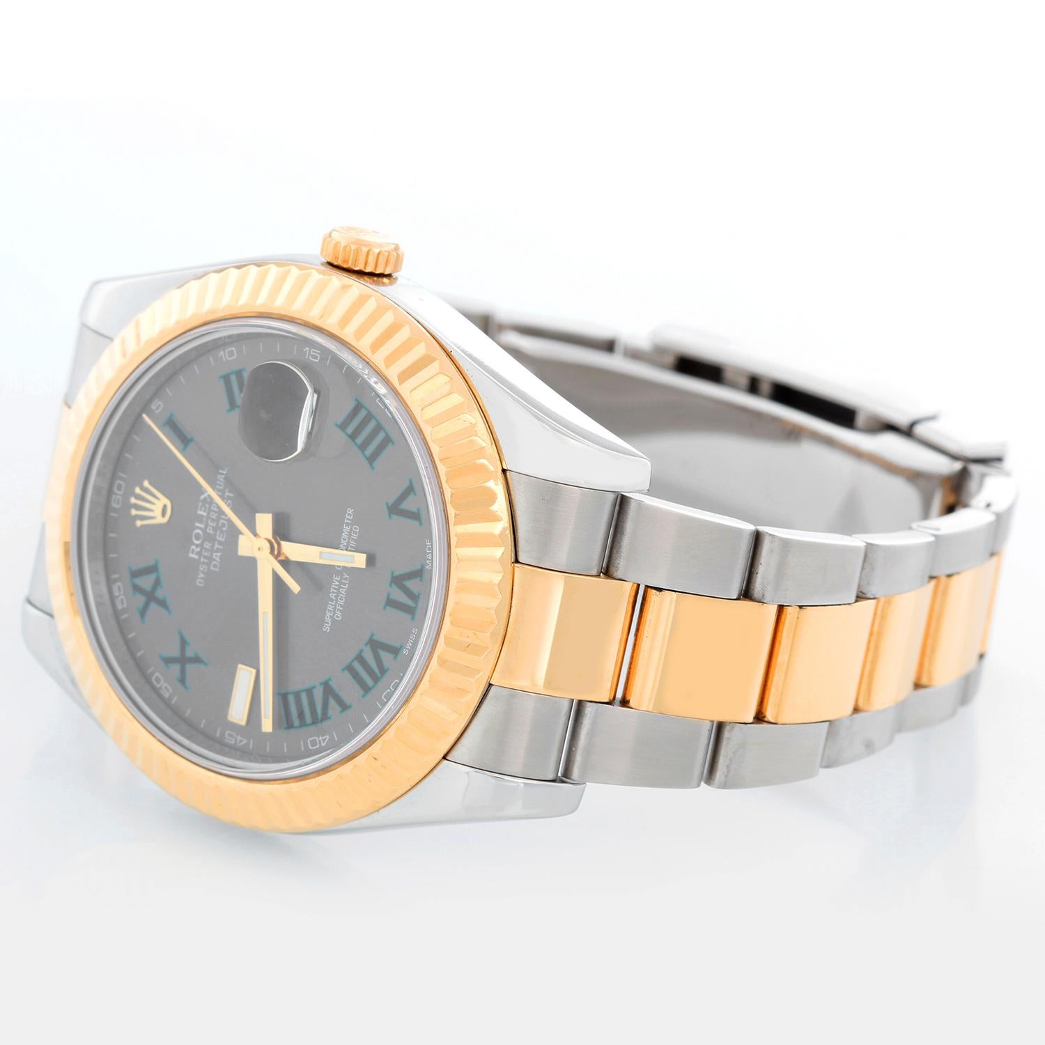 Rolex Datejust II  Men's 2-Tone Steel & Gold 41mm Watch 116333 - Automatic winding, Quickset, sapphire crystal. Stainless steel case with 18k yellow gold fluted bezel  (41mm diameter). Slate Gray Wimbledon dial with green Roman numerals; Marker at 9
