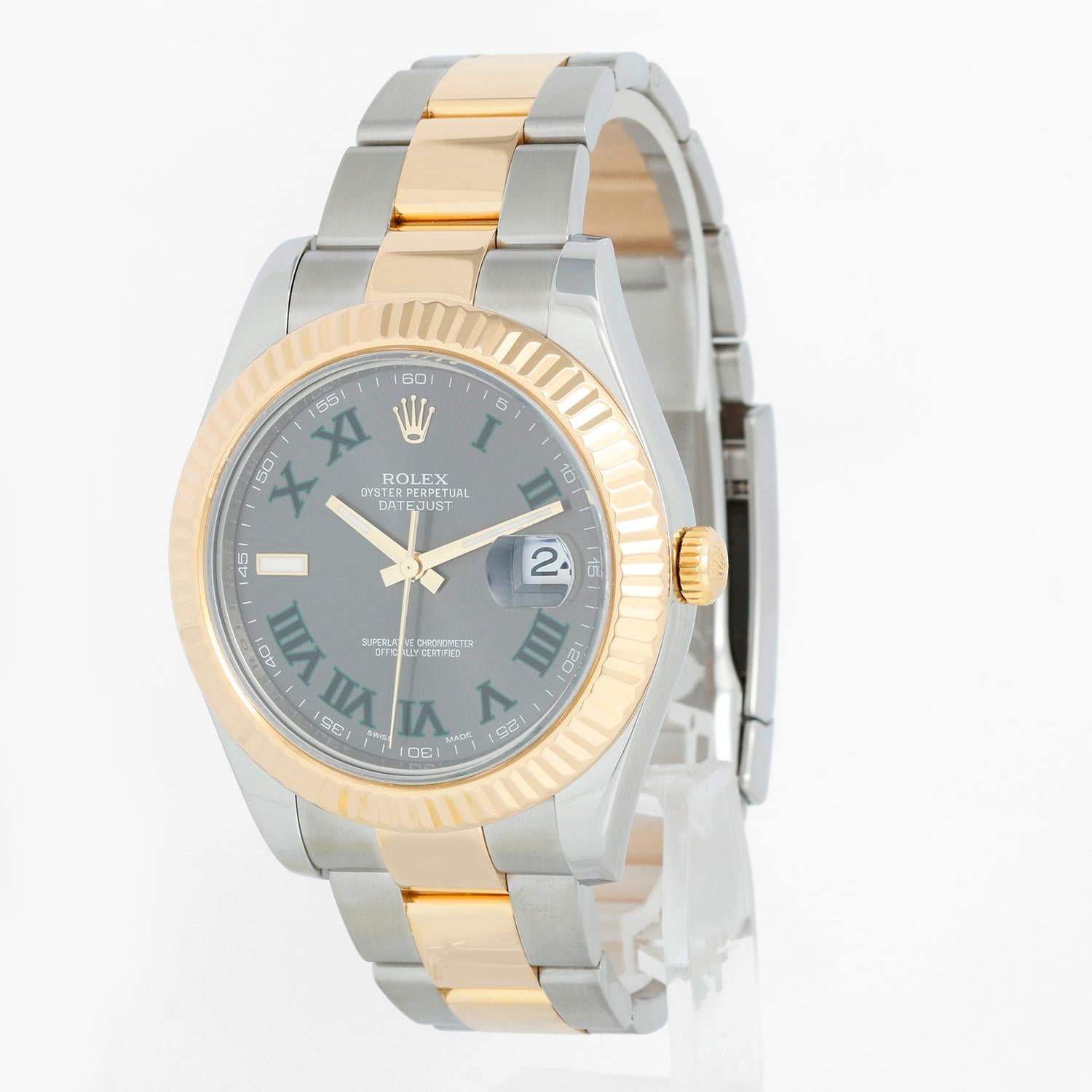 Rolex Datejust II  Montre homme 2 tons acier et or 41mm 116333 - Remontage automatique, Quickset, verre saphir. Boîtier en acier inoxydable avec lunette cannelée en or jaune 18 ct.  (41 mm de diamètre). Cadran gris ardoise avec chiffres romains en