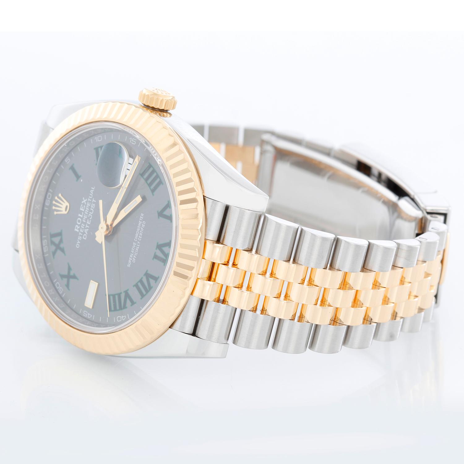 Rolex Datejust II  Men's 2-Tone Steel & Gold 41mm Watch 126333 - Automatic winding, Quickset, sapphire crystal. Stainless steel case with 18k yellow gold fluted bezel  (41mm diameter). Wimbledon dial . Stainless steel and 18k yellow gold Jubilee