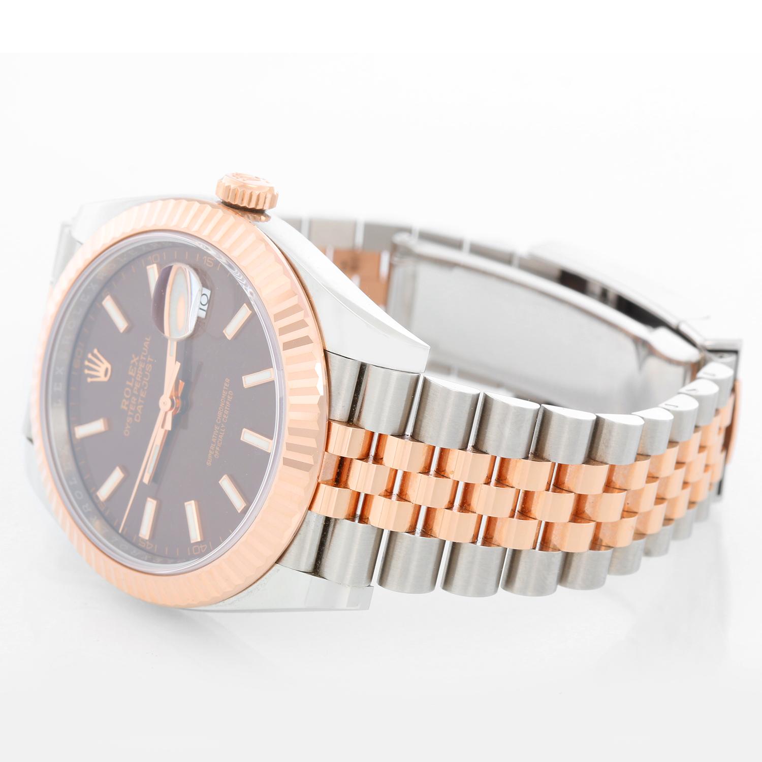 Rolex Datejust II  Men's 2-Tone Steel & Rose Gold 41mm Watch 126331 - Automatic winding, Quickset, sapphire crystal. Stainless steel case with 18k rose gold fluted bezel  (41mm diameter). Chocolate dial. Stainless steel and 18k rose gold Jubilee