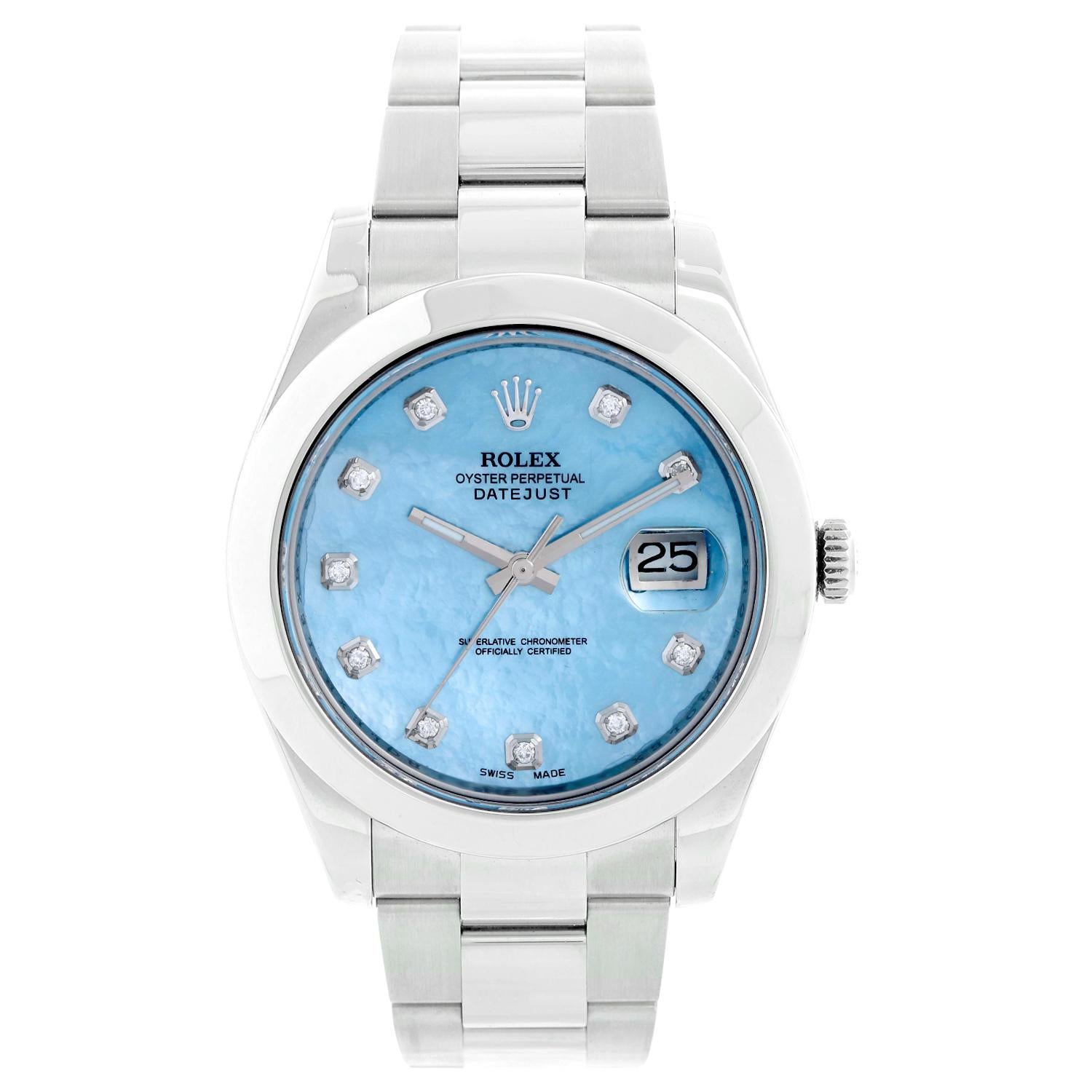 Rolex Datejust II Men's 41mm Custom Mother of Pearl  Watch 116300 - Automatic winding, sapphire crystal, serial number engraved in bezel. Stainless steel case with smooth domed bezel (41mm diameter). Custom Mother of Peal dial with diamond hour