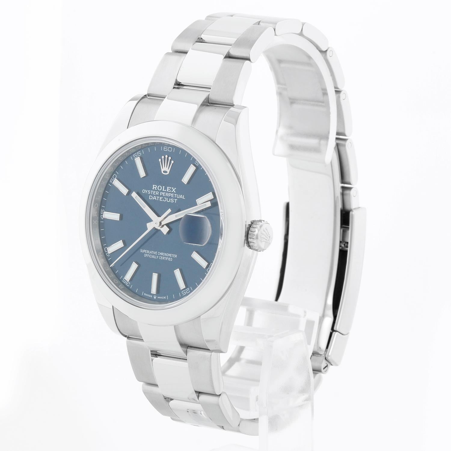 Rolex Datejust II Men's 41mm Stainless Steel 126300 - Automatic winding, sapphire crystal. Stainless steel case (41mm diameter). Blue dial with stick hour markers. Stainless steel Oyster bracelet. Pre-owned Rolex box, book and card. Dated 2021