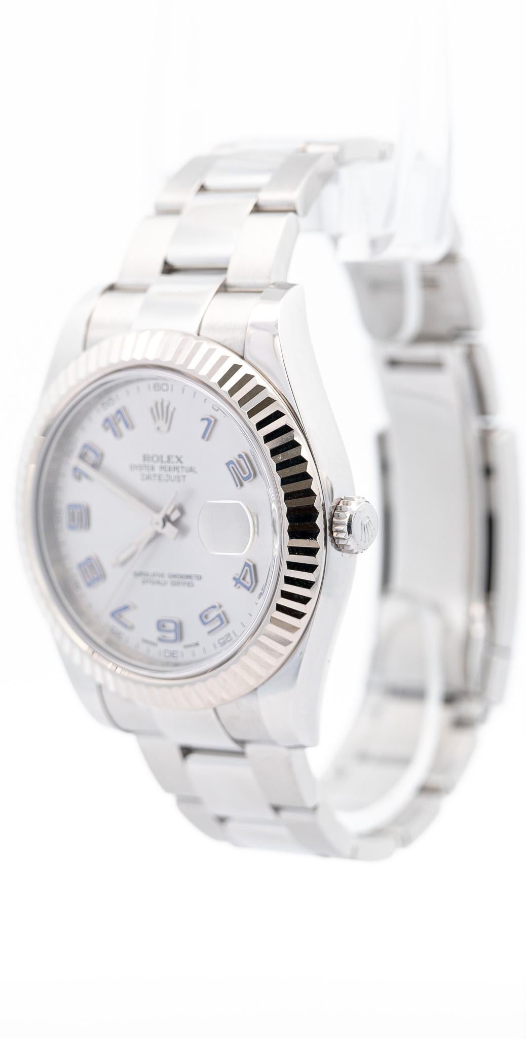 Rolex Datejust II Men's 41mm Stainless Steel Watch 116334 - Automatic movement, 31 jewels, Quickset, scratch resistant sapphire crystal. Stainless steel case with 18k white gold fluted bezel. 41mm dial and screw down crown. Rhodium dial with purple