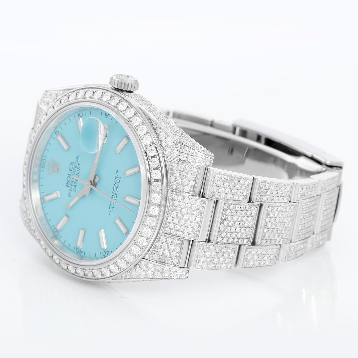 Rolex Datejust II Men's 41mm Stainless Steel Custom Diamond 126300 - Automatic winding, sapphire crystal. Stainless steel case with custom pave diamonds (41mm diameter). Custom Tiffany Blue dial. Stainless steel Oyster bracelet with custom pave