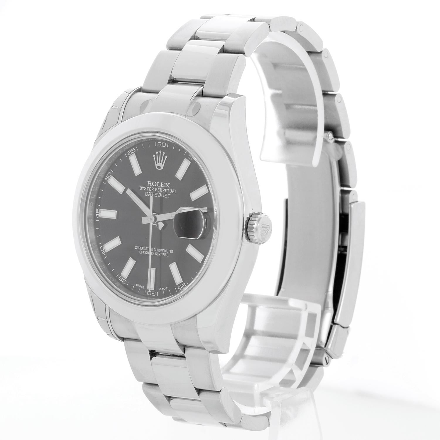 Rolex Datejust II Men's 41mm Stainless Steel Watch 116300 - Automatic winding, sapphire crystal,. Stainless steel case with smooth bezel (41mm diameter). Black dial with stick hour markers. Stainless steel Oyster bracelet with flip lock clasp.
