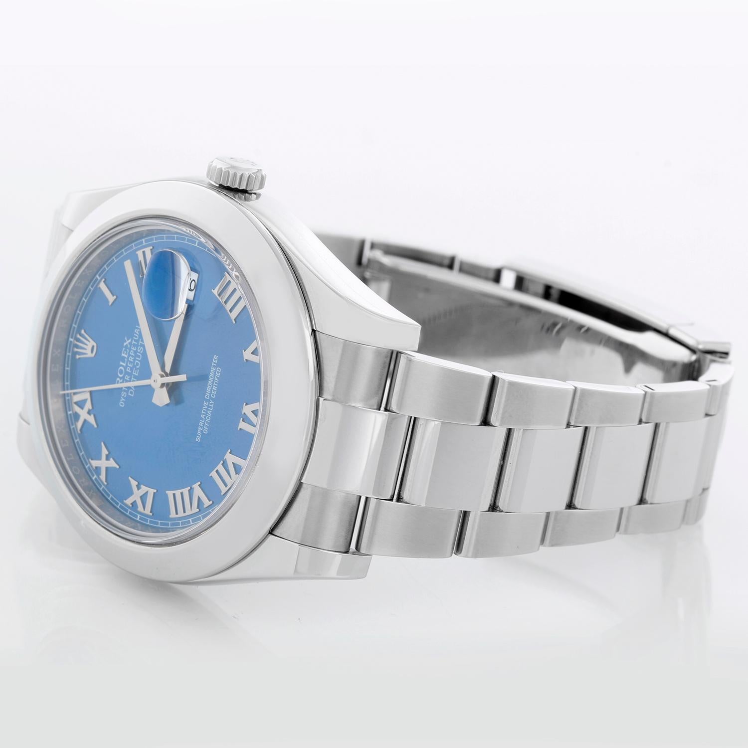 Rolex Datejust II Men's 41mm Stainless Steel Watch  Blue Dial 116300 - Automatic winding, sapphire crystal, serial number engraved in bezel. Stainless steel case with smooth domed bezel (41mm diameter). Blue dial with stick hour markers. Stainless