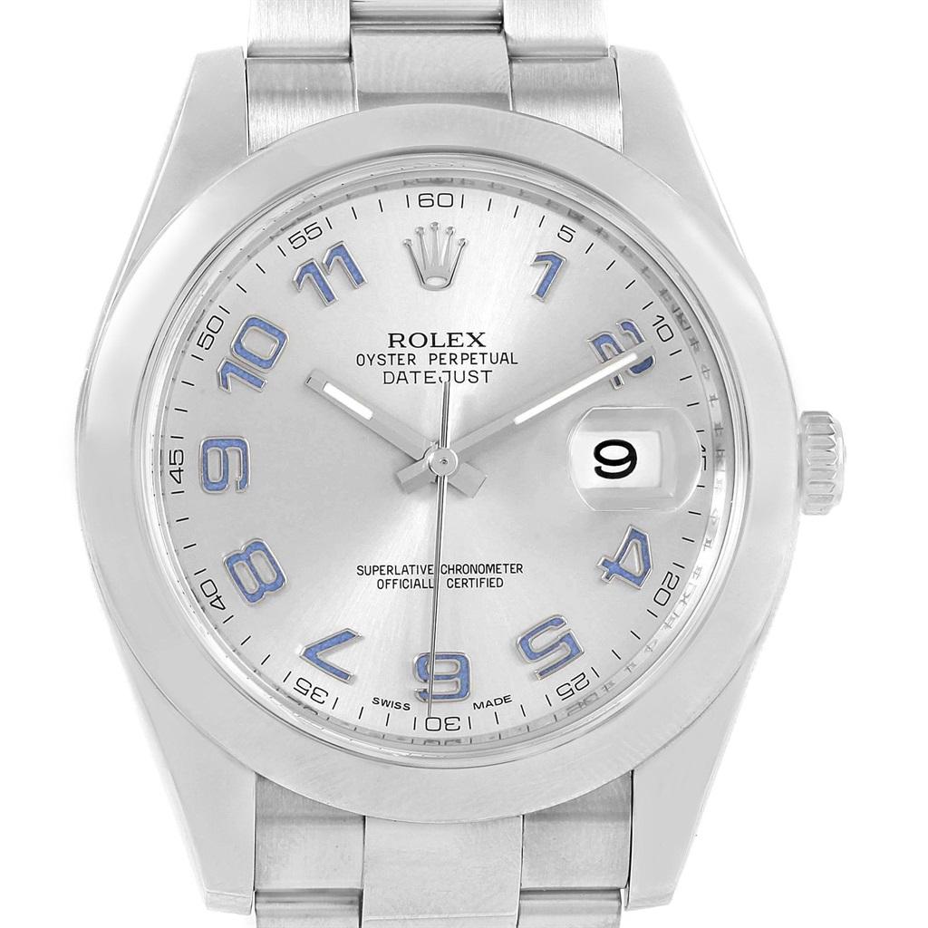Rolex Datejust II Silver Arabic Dial Steel Mens Watch 116300. Officially certified chronometer automatic self-winding movement with quickset date. Stainless steel case 41.0 mm in diameter. Rolex logo on a crown. Stainless steel smooth bezel. Scratch