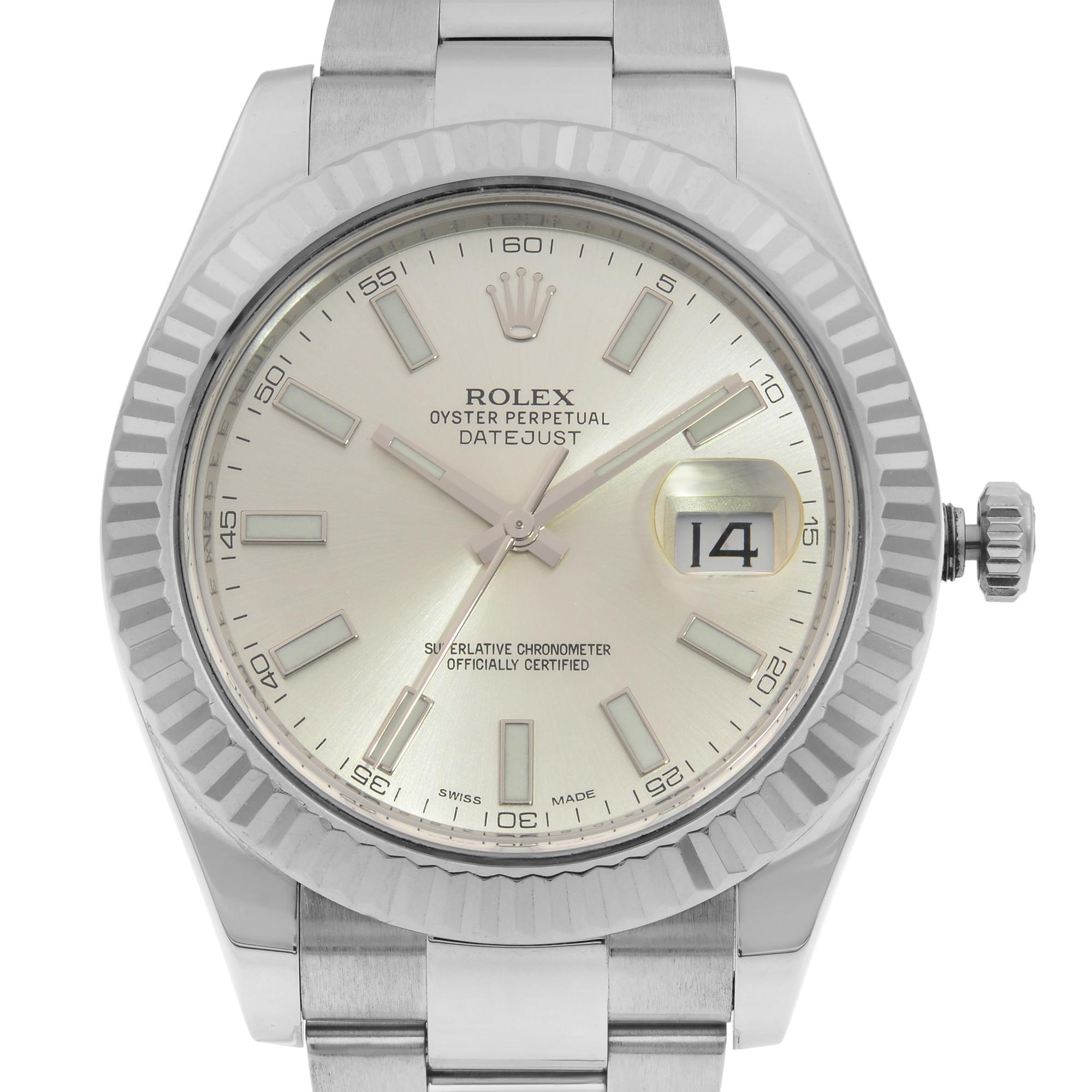 This pre-owned Rolex Datejust II 116334  is a beautiful men's timepiece that is powered by mechanical (automatic) movement which is cased in a stainless steel case. It has a round shape face, date indicator dial and has hand sticks style markers. It
