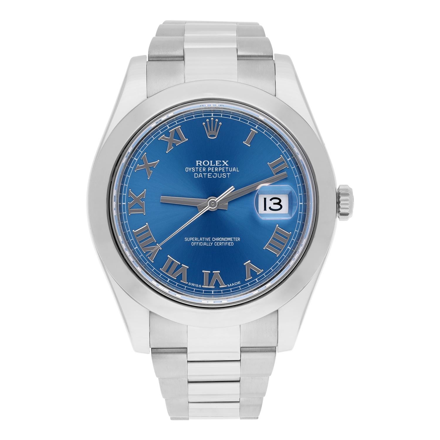 Rolex Datejust II Steel Blue Roman Dial Oyster Bracelet Mens 41mm Watch 116300. Watch has been professionally polished, serviced and does not have any visible scratches or blemishes. Mint.
Sale comes with a Rolex box, appraisal certificate