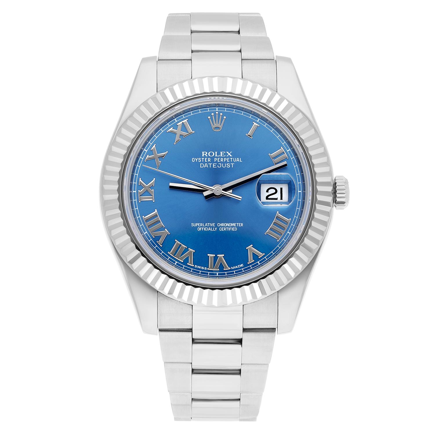 Rolex Datejust II Steel Blue Roman Dial Oyster Bracelet Mens 41mm Watch 116334. Watch has been professionally polished, serviced and does not have any visible scratches or blemishes. Mint.
Sale comes with a Rolex box, appraisal certificate