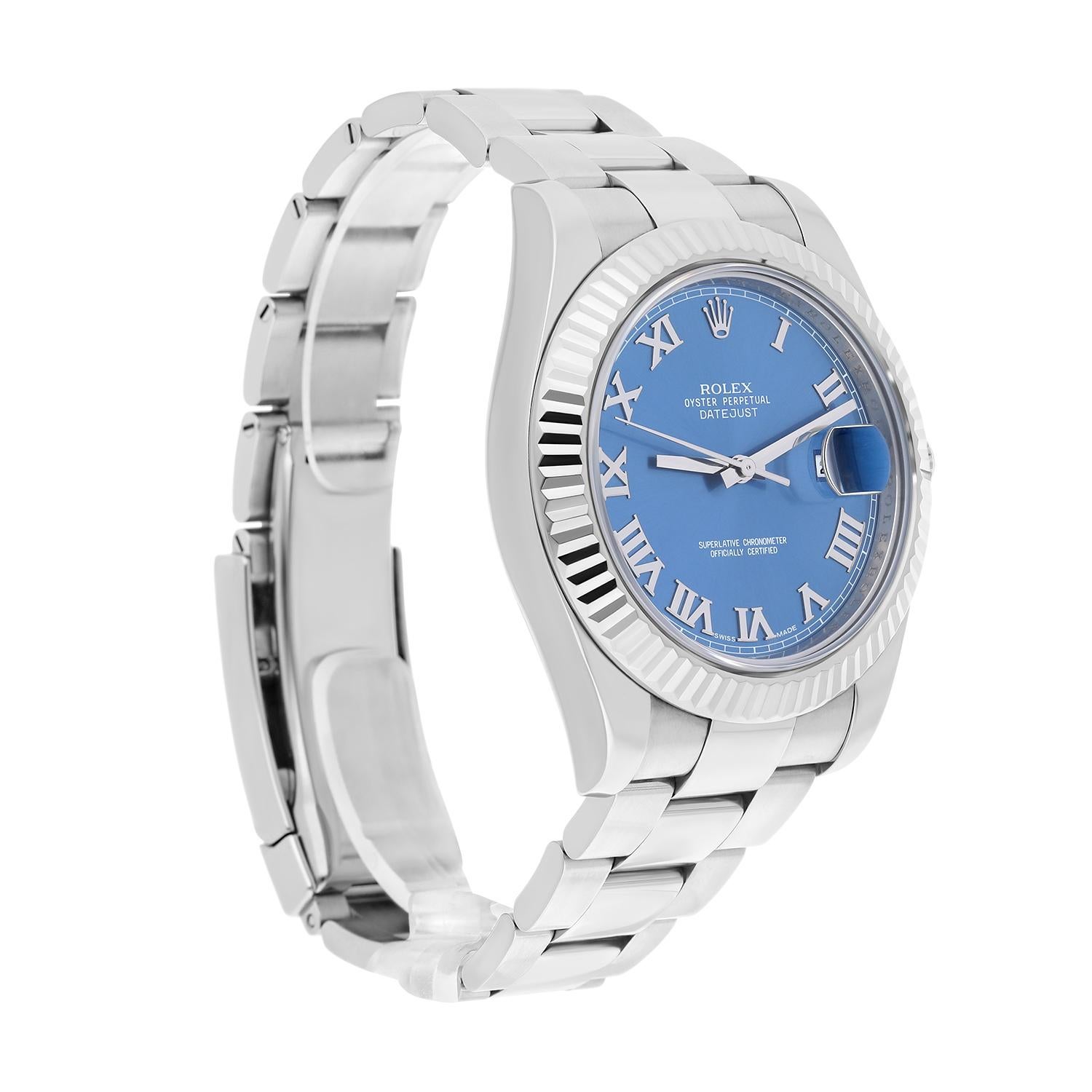 Rolex Datejust II Steel Blue Roman Dial Oyster Bracelet Mens 41mm Watch 116334 In Excellent Condition In New York, NY